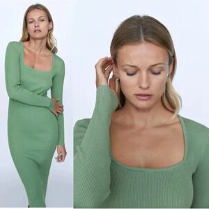 Zara Knit Long Sleeve Midi Dress Green Size Medium